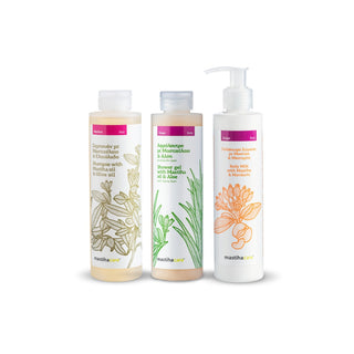Shampoo with Mastiha and Olive Oil, Mastiha and Aloe Shower Gel, Mastic and Body Milk with Mastiha and Mandarin 