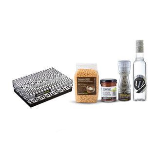 Paper Gift Box with Trahana Pasta 400g, Spicy Tomato Sauce with Chios Mastiha 180g, Salt with Mastiha Tree Seeds and Herbs, Tsipouro 40%vol, 200ml