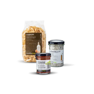 Σετ Χυλοπίτες με Γάλα και Αυγά 500g & Πικάντικη Σάλτσα Τομάτας με Μαστίχα 180g & Αρωματικό Αλάτι με Σκινόκαρπο 300g - mastihashop